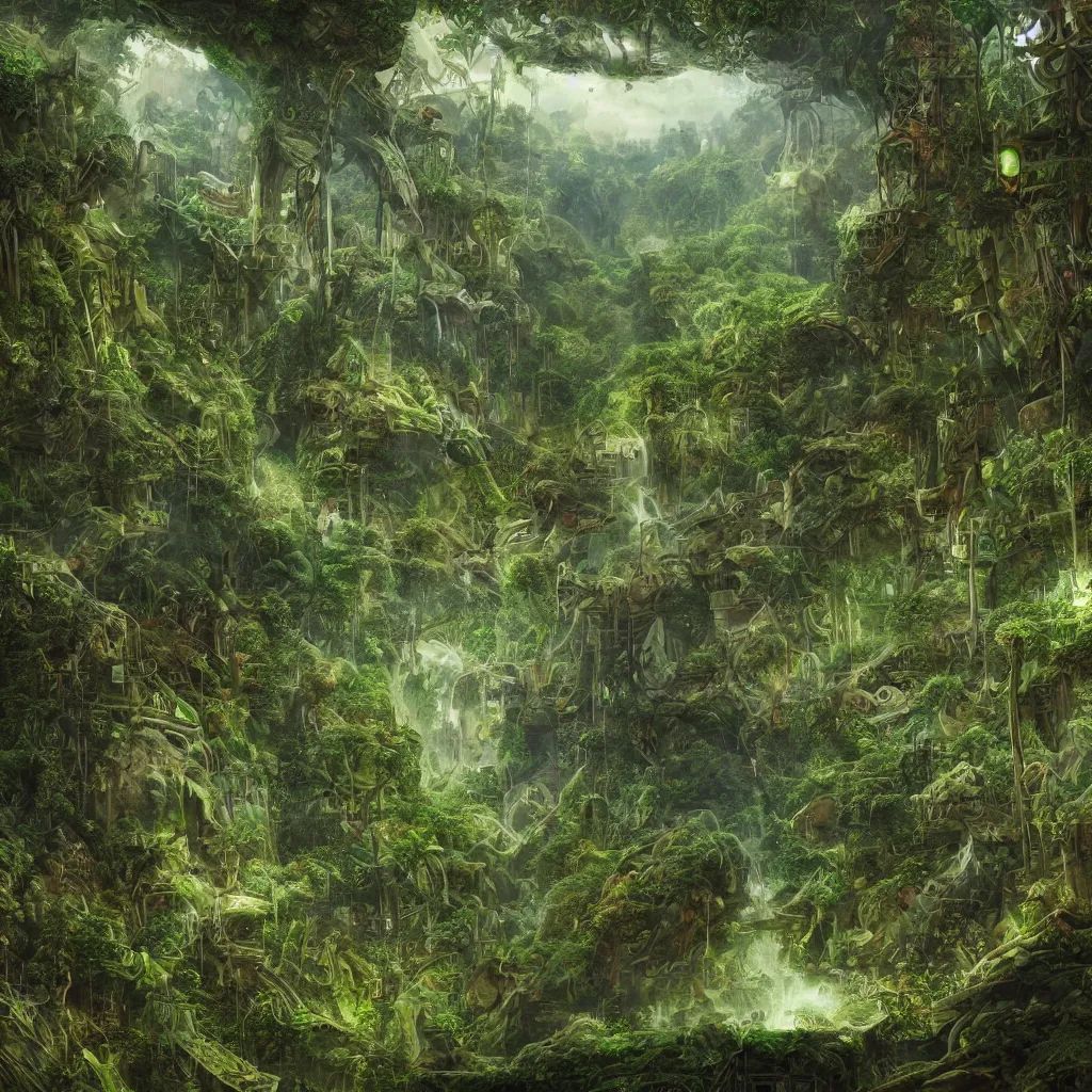 Prompt: hyper detailed hourglass, with lush green jungle inside, floating above apocalyptic landscape, elegant, hyper realistic, artwork, fantasy, digital painting, sharp focus, illustration