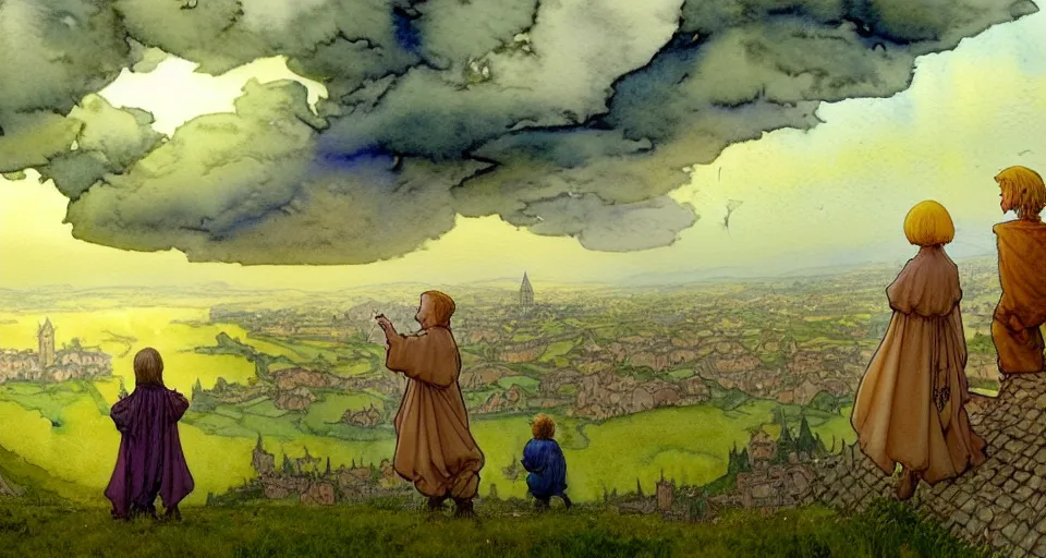 Image similar to a hyperrealist watercolor concept art of elegant golden ufos in the sky above a small medieval town during a thunderstorm. a dirty medieval peasant child is in the foreground pointg up at the sky. very muted colors, by rebecca guay, michael kaluta, charles vess. high detail, hq, wide shot, 4 k