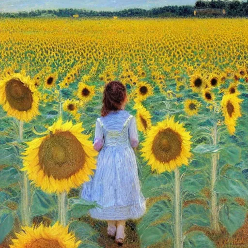 Image similar to a girl in amazing tall sunflower field, her hair flowing down, subtle, intricate details, real masterpiece, impressionist painting, by gustave caillebotte