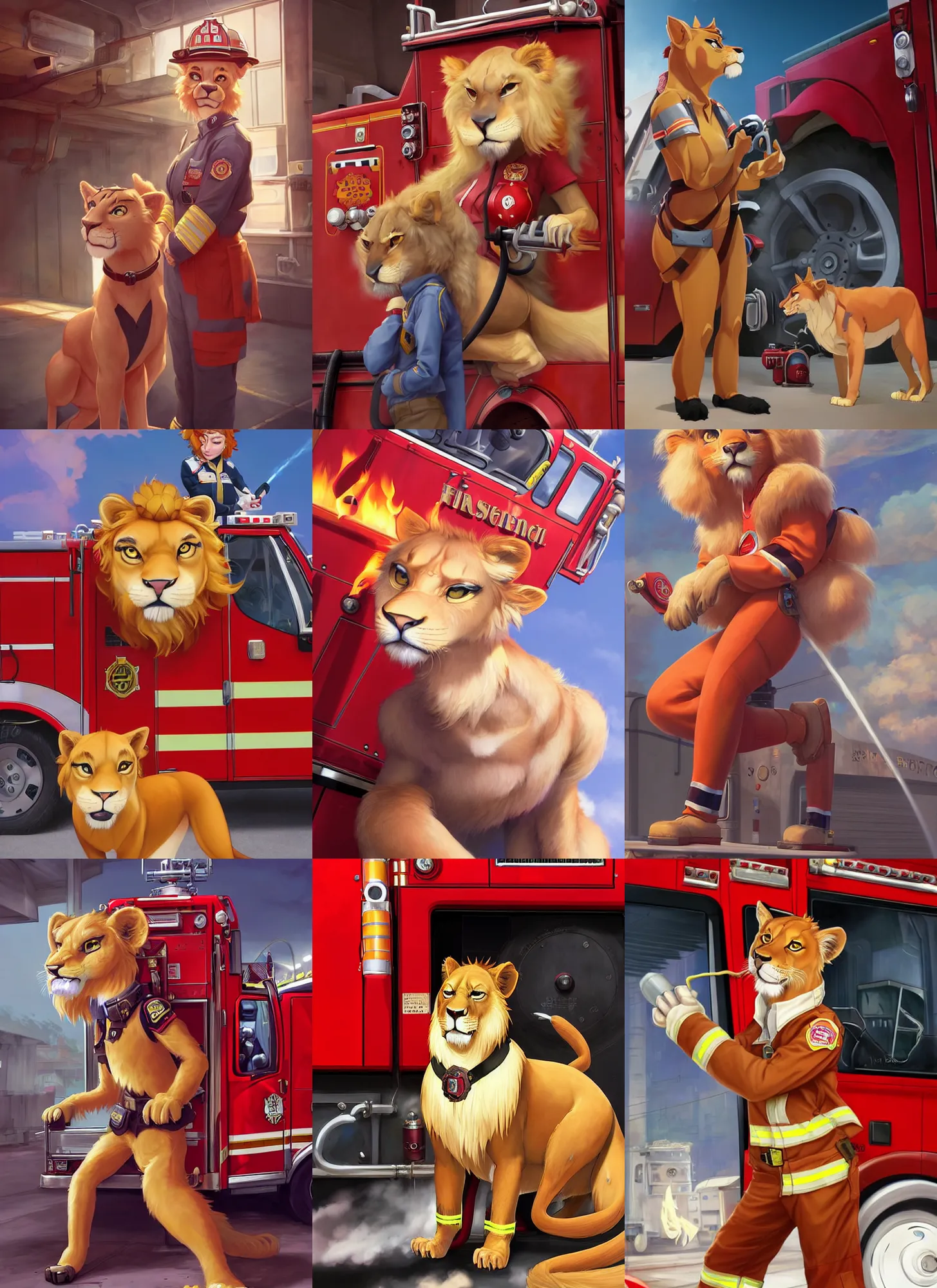 Prompt: beautiful portrait of a female anthropomorphic lioness fursona wearing a fire fighter uniform at the fire station with a fire truck. character design by disney, charlie bowater, ross tran, artgerm, and makoto shinkai, detailed, soft lighting, rendered in octane