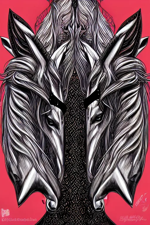 Prompt: evil unicorn, symmetrical, highly detailed, digital art, sharp focus, trending on art station, red and black