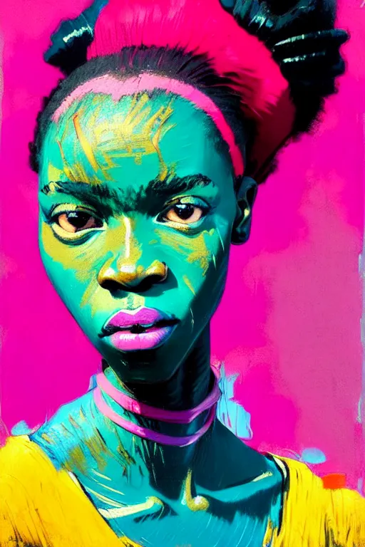 Image similar to portrait of a stylized african young lady, painted in acrylic, pigment textures, wet paint, in the colors hot pink and cyan, beautiful realistic face, rule of thirds, spotlight, by greg rutkowski, by jeremy mann, by francoise nielly, by van gogh, by ross tran, in focus