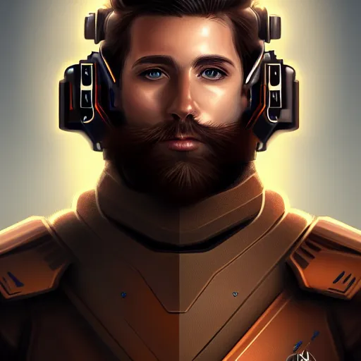 Image similar to Portrait of a man with brown hair and beard in futuristic sci-fi armor, blasters on his belt, digital art, realistic, artstation, detailed