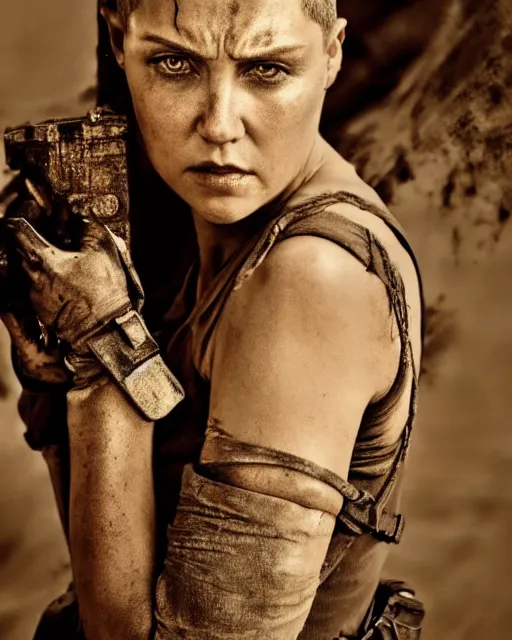 Image similar to photoshoot of ana taylor - joy dressed as a young imperator furiosa in mad max fury road prequel, photoshoot in the style of annie leibovitz, george miller, studio lighting, soft focus 9 mm lens, bokeh