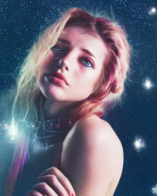 Image similar to a gorgeous young woman in dead space, with wild blonde hair and haunted eyes, 1 9 7 0 s, space station, neon light showing injuries, delicate ex embellishments, painterly, offset printing technique