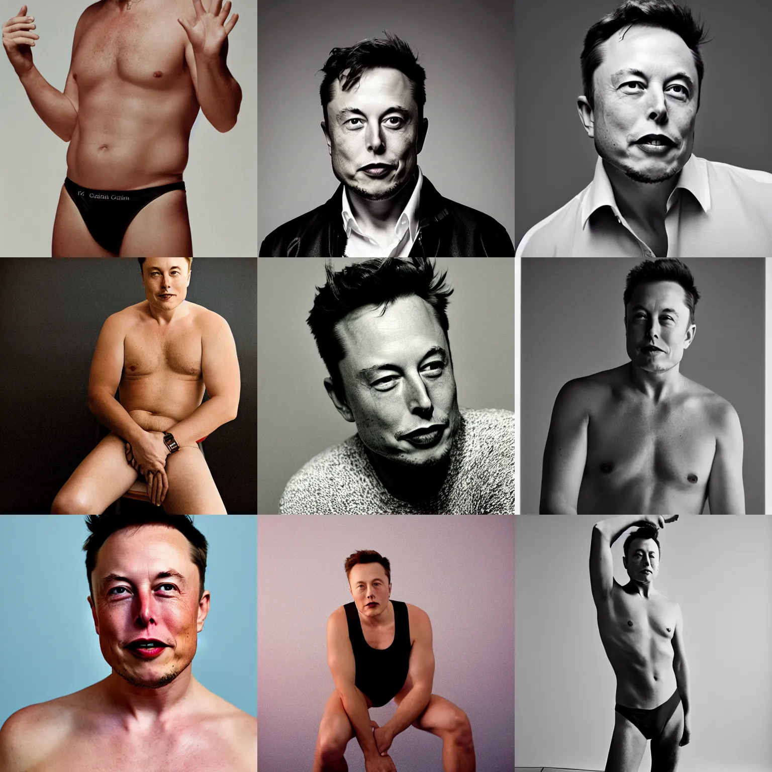 Prompt: Photo of Elon Musk in swimsuit, soft studio lighting, photo taken by Terry Richardson for Calvin Klein, award-winning photograph, 24mm f/1.4