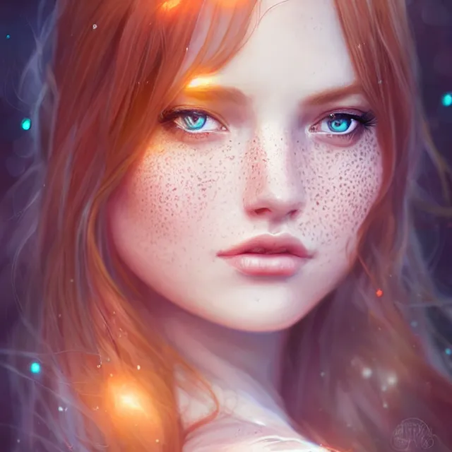 Prompt: Auburn beauty with freckles, fantasy portrait illustration by WLOP and Artgerm, radiant light, soft warm bokeh