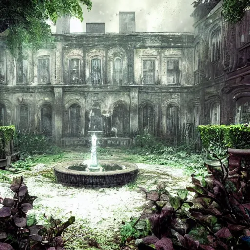 Prompt: abandoned garden inside a dark mansion, fountain, dead flowers, realistic, highly detailed, background of resident evil game