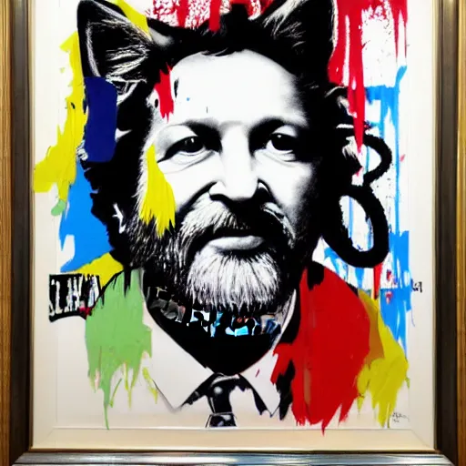 Prompt: cat painting a materpiece by mr. brainwash - s 5 0