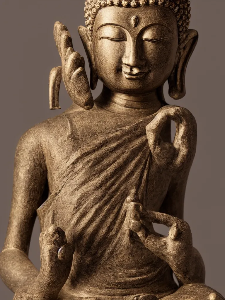 Prompt: beautiful sculpture of meditating buddha holding a smartphone, in a gallery setting. professional studio photo, full object in middle, soft lighting, centered, 1 5 0 mm lens, high definition