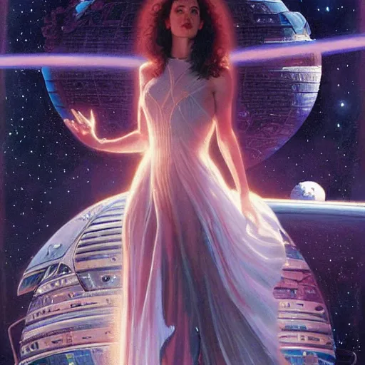 Image similar to Jennifer Connelly as a stunning , beautiful retro SCI-FI space heroine 1985 , movie poster, intricate, elegant, highly detailed, centered, digital painting, trending on artstation, concept art, smooth, sharp focus, illustration, art by artgerm and donato giancola and Joseph Christian Leyendecker, Ross Tran, WLOP