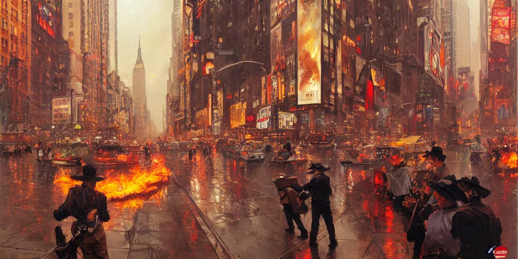 Prompt: New York on fire, by Stanley Artgerm Lau , greg rutkowski, thomas kindkade, alphonse mucha, loish, norman rockwell