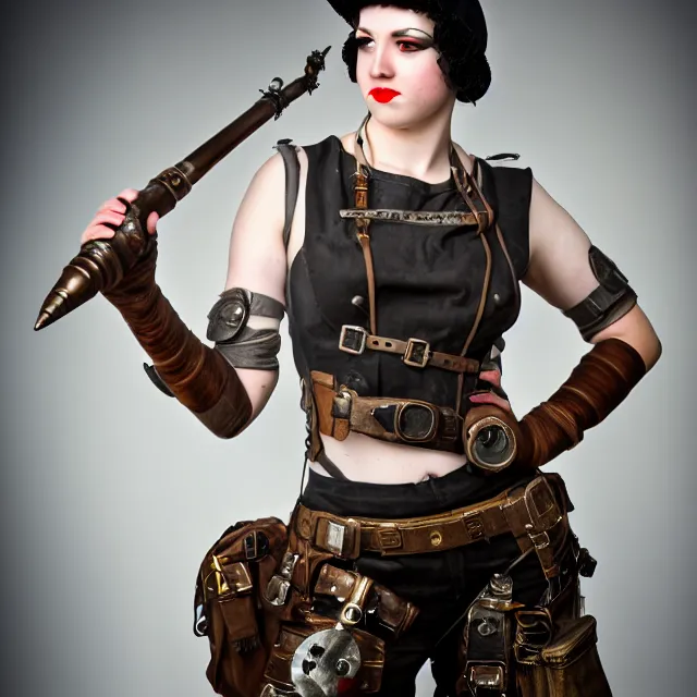 Image similar to full length photo of a very beautiful female dieselpunk warrior, 8 k, hdr, smooth, sharp focus, high resolution, award - winning photo