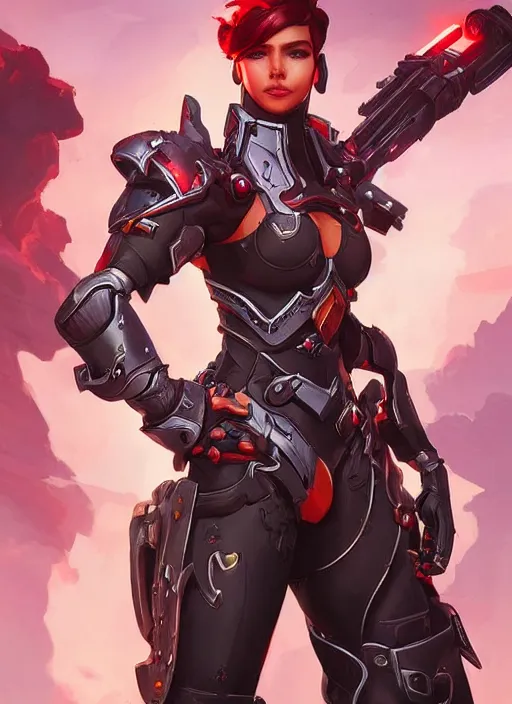 Image similar to beautiful new character for overwatch, full body armor, dual wielding swords, super powers, long red hair, intricate design, shiny, art by artgerm and greg rutkowski