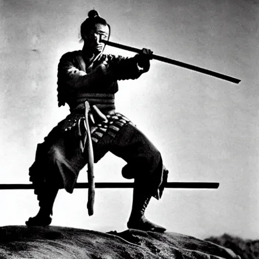 Image similar to clint eastwood as a samurai in seven samurai ( 1 9 5 4 ). grainy movie still