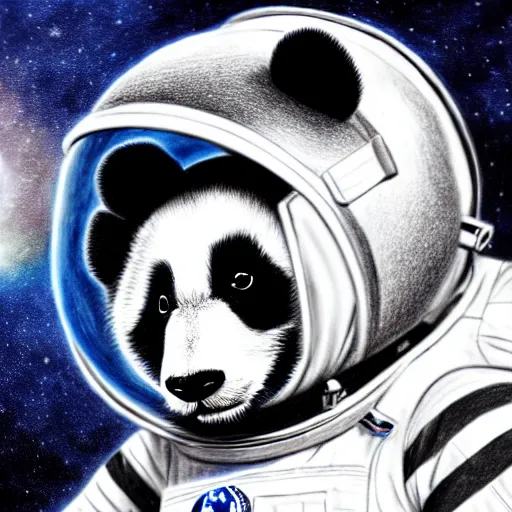 Prompt: a very detailed pencil drawing of a panda wearing an astronaut suit in space 4 k, high resolution, still, landscape, hd, dslr, hyper realistic, sketch