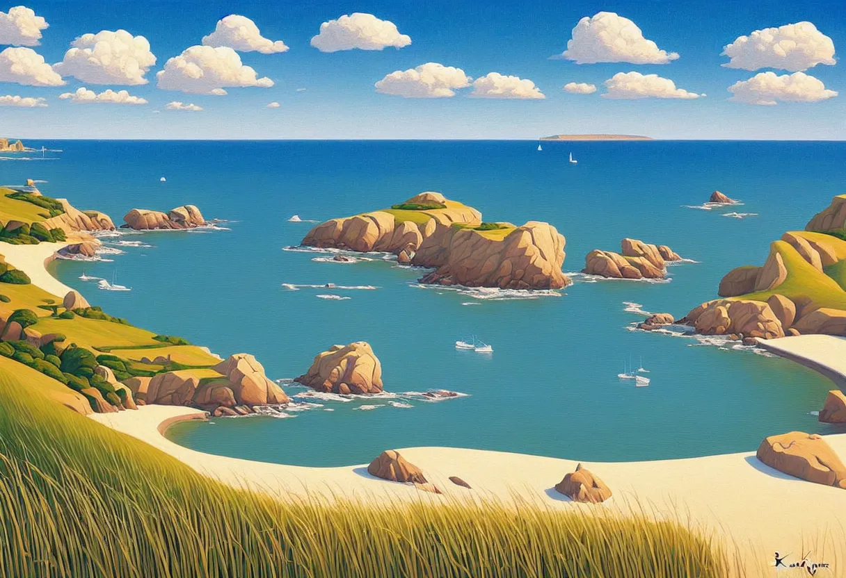 Prompt: a seaside cove with beautiful white sands and scattered rock formations and hints of spring in the long grass and plants, rule of thirds, seascape, golden hour, partly cloudy day, painting by kenton nelson