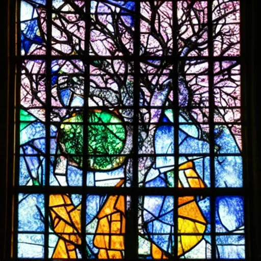 Prompt: marc chagall stained glass window of the Burning bush, DLSR photography