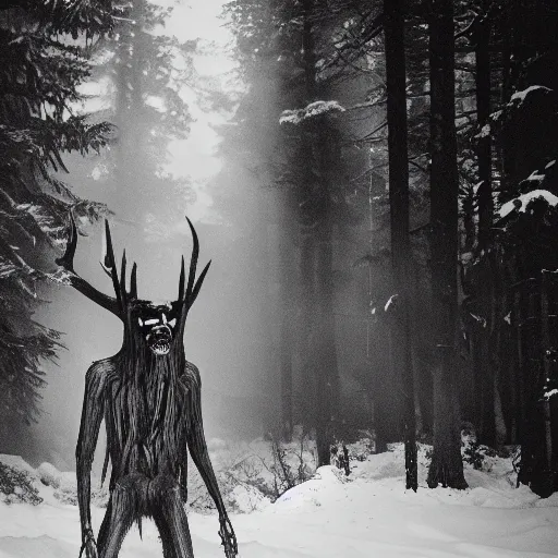 Prompt: flash photo of wendigo rushing out of the woods, dramatic, high contrast