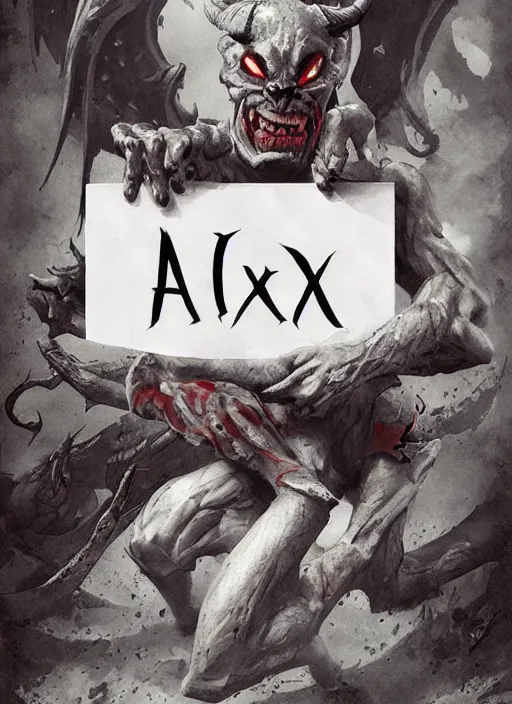 Prompt: demon holding a sign with the word ALEX written on it by artgerm and Craig Mullins, James Jean, Andrey Ryabovichev, Mark Simonetti and Peter Morbacher 16k