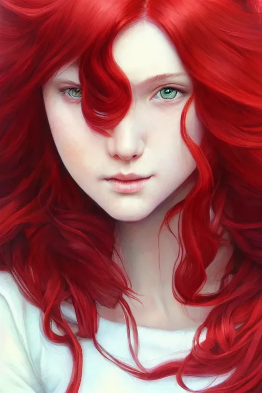 Image similar to beautiful cute red haired joyful and playful 1 9 year old teen, full portrait, long hair, sci - fi, fantasy, intricate, elegant, digital painting, artstation, concept art, smooth, sharp focus, 8 k frostbite 3 engine, ultra detailed, art by artgerm and greg rutkowski and magali villeneuve
