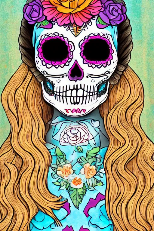 Image similar to illustration of a sugar skull day of the dead girl, art by doug johnson