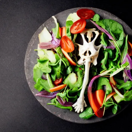 Prompt: food photography of a human bone salad with lots of human bone and a pinch of human bone with a side of human bone