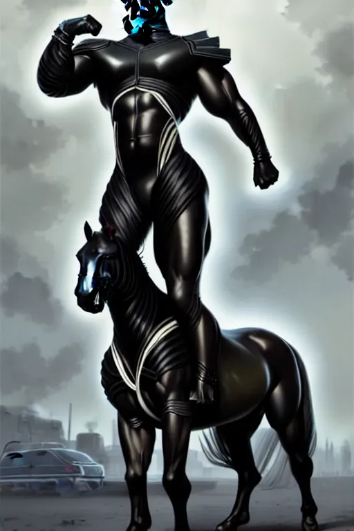 Image similar to an enormously muscular black - coated anthro horse wearing skintight body armor, technology research facility, game character, highly detailed, digital painting, artstation, concept art, illustration, art by artgerm, greg rutkowski, wlop
