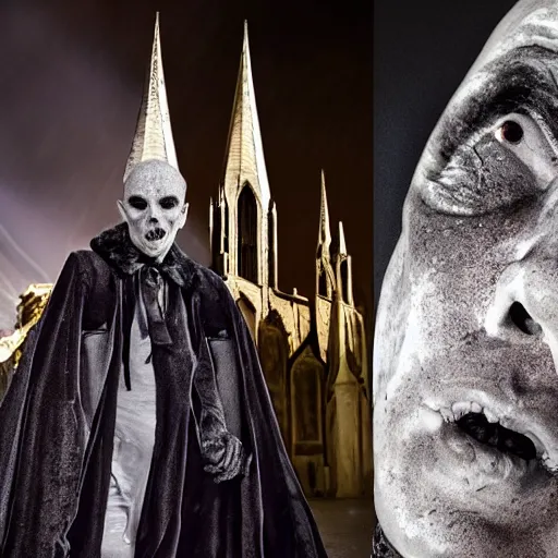 Prompt: vampire with raisin skin texture, grey wrinkled skin, posing on gothic cathedral roof, hostile architecture, vampire portrait, thunderbolt backdrop, illuminated by lightning, old tattered velvet cape, gaunt expressionless face, sunken cheekbones, bags under eyes, puffy white shirt, full moon, global illumination, gold dappled light, gradient aperture