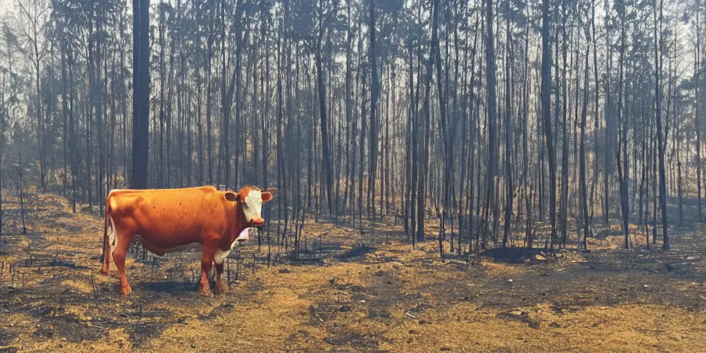 Prompt: a cow in a forest fire