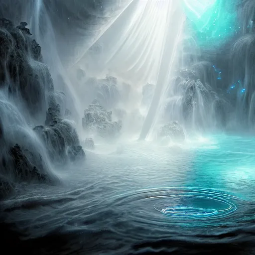 Prompt: white pool with intricate and surreal magic circles of white water within which float goddess of illusion, beautiful, magic doorway, mist, bioluminescence, dressed in intricate veils and jewels, epic environment, matte painting, diffused lighting, highly detailed cinematic, epic atmosphere, diffused lighting, highly detailed digital art, trending on artstation, depth of field, wide angle