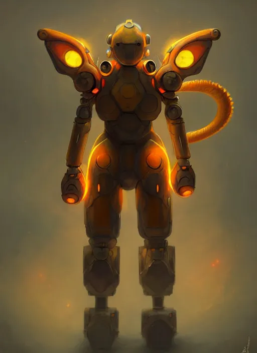 Prompt: dragonite themed mech suit, diffuse lighting, fantasy, highly detailed, photorealistic, digital painting, artstation, illustration, concept art, smooth, sharp focus, in the style of tom bagshaw