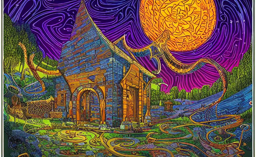 Image similar to a spiraling portal with a spiritual and mystical sound, by howard arkley and dan mumford, artstation