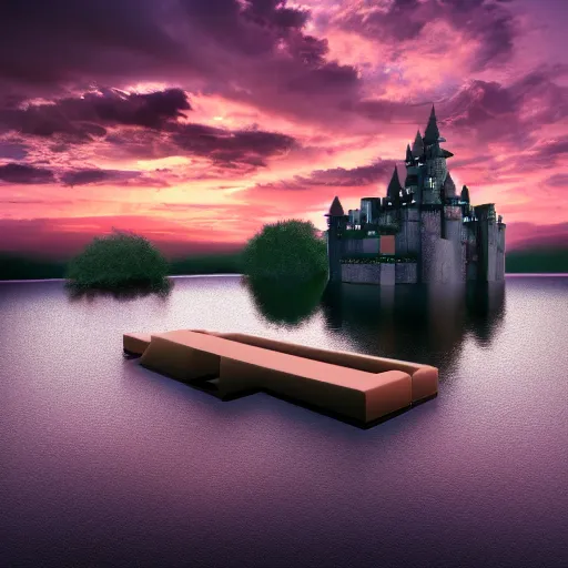 Image similar to an incredible floating castle and a floating boat, at sunset, very details, 8 k, by neil blevins