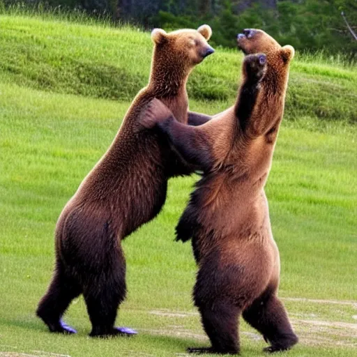 Image similar to two bears high - fiving, realistic