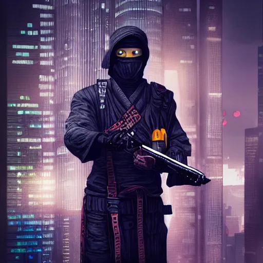 Prompt: photo of a cyberpunk ninja with weapons
