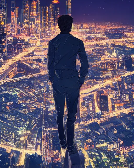 Image similar to a night rooftop scene, light from traffic in the city below, close up shot of a gangster wearing a streetwear trench coat looking at the city below, in the style of Makoto Shinkai