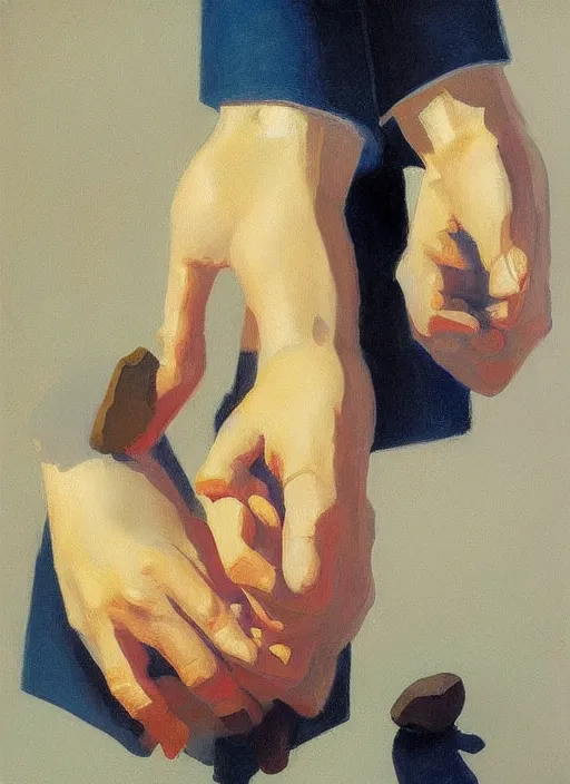 Image similar to three hands holding a bag of stones painted by Edward Hopper and James Gilleard, highly detailed