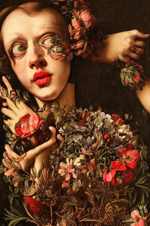 Prompt: Detailed maximalist portrait with large lips and with large eyes, sad exasperated expression, botany, extra hands limbs, HD mixed media, 3D collage, highly detailed and intricate illustration in the style of Caravaggio, dark art, baroque