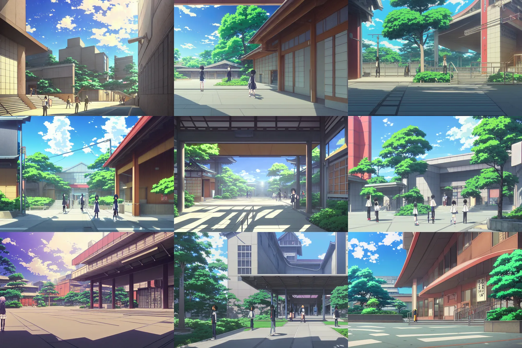 Prompt: the entrance to a modern japanese high school building, anime movie background, key visual, by makoto shinkai and james gurney, trending on artstation, highly detailed