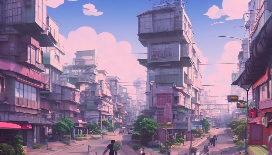 Image similar to A highly detailed matte painting of a suburban tokyo street with a bright shimmering sky by Studio Ghibli, Mokoto Shinkai, by Artgerm, by beeple, volumetric lighting, octane render, 4K resolution, trending on artstation, vivid colours