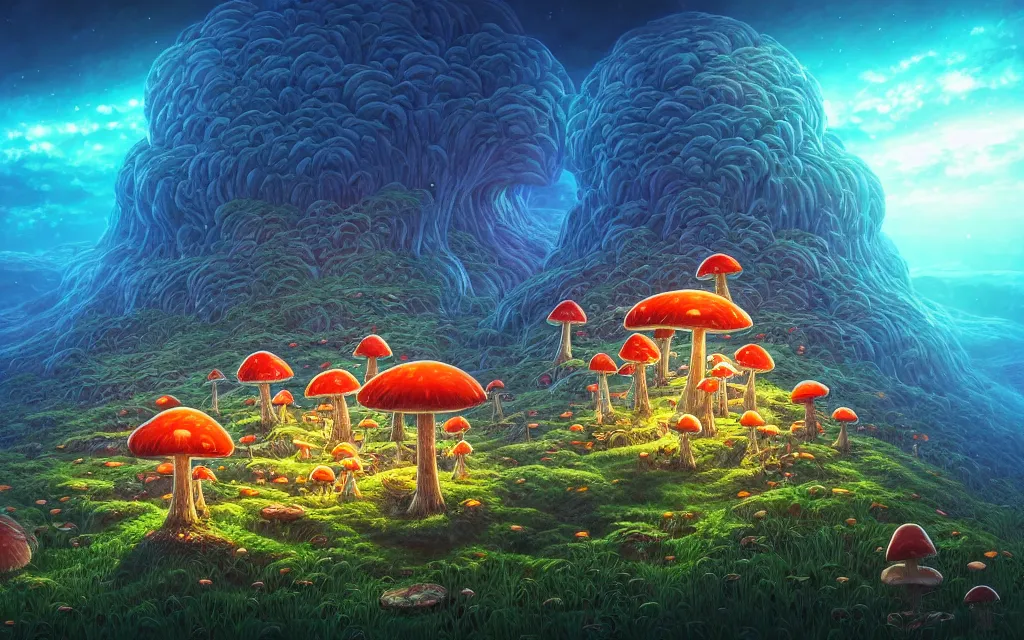 Prompt: the mushroom story house tells the tale of an epic journey, a journey into the mind of the creator. the mushrooms grow on a mountain that is home to lost time. by dan mumford, yusuke murata, makoto shinkai, ross tran, cosmic, heavenly, god rays, intricate detail, cinematic, cel shaded, unreal engine, featured on artstation, pixiv