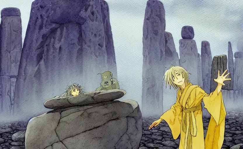 Prompt: a hyperrealist anime watercolor fantasy concept art of a giant alien with a grey robe and a small grey alien with a yellow robe in stonehenge on a misty night. several big stones are floating in the air. by rebecca guay, michael kaluta, charles vess