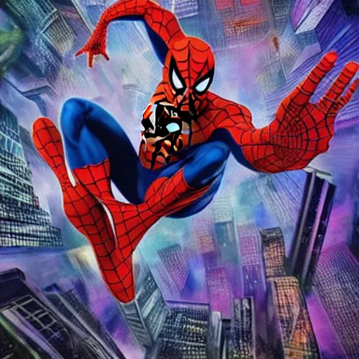 Image similar to spider - man in the 5 th dimension, acid trip visuals, scarlet spider - man, trippy, lsd, 5 th dimensional warp, amazing spider - man, dmt art