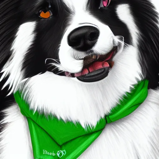 Image similar to digitally drawn art of a black and white border collie wearing a green bandana on its neck, digital art, DeviantArt