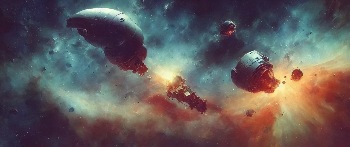 Prompt: concept art, exploration spaceship drifting in space, the expanse tv series, industrial design, immensity, alone in a nebula, space debris, cinematic lighting, low contrast, low saturation, 4k, anthem game inspiration, widescreen ratio, beksinski