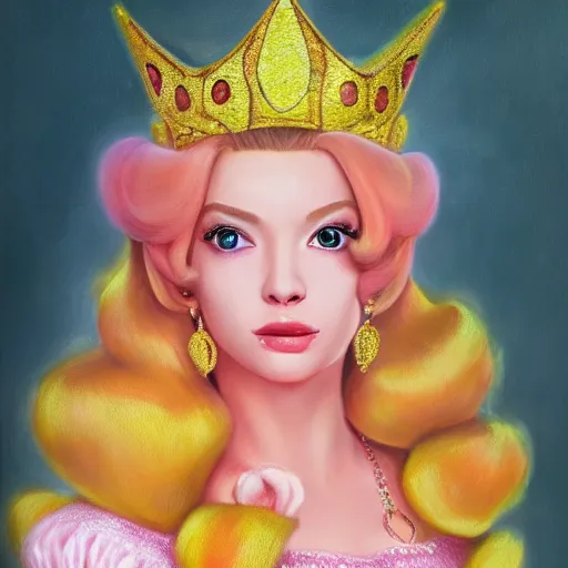 Prompt: An ultra realistic portrait painting of Princess Peach wearing his pink dress and golden tiara, 4k, Ultrarealistic, Highly Detailed, Dark Fantasy, Epic Lighting