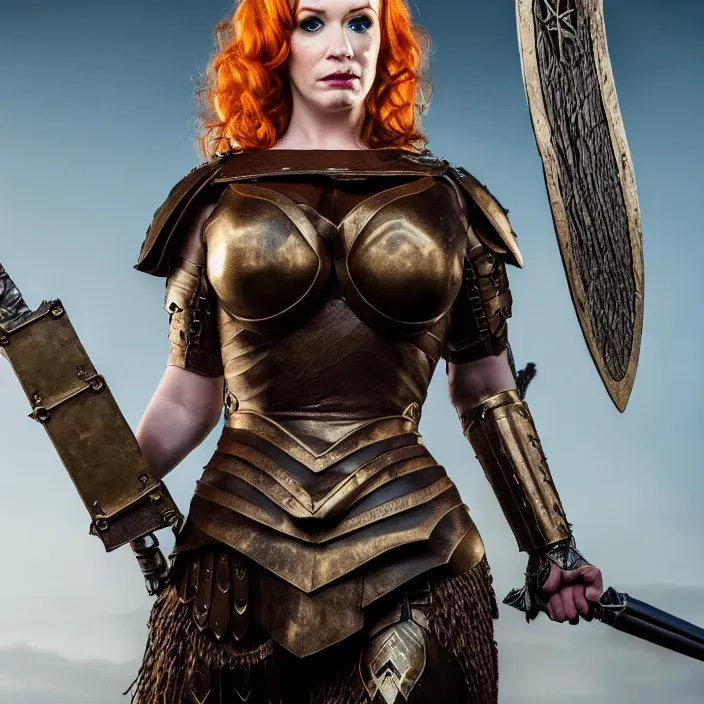 Image similar to full length photograph of a real-life christina hendricks as a valkyrie warrior, Extremely detailed. 8k