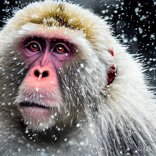 Prompt: portrait of snow monkeys, highly detailed, snow flurry, cold, steamy, desaturated, ultrarealistic, 8K, UE5, watercolor (dry brush)