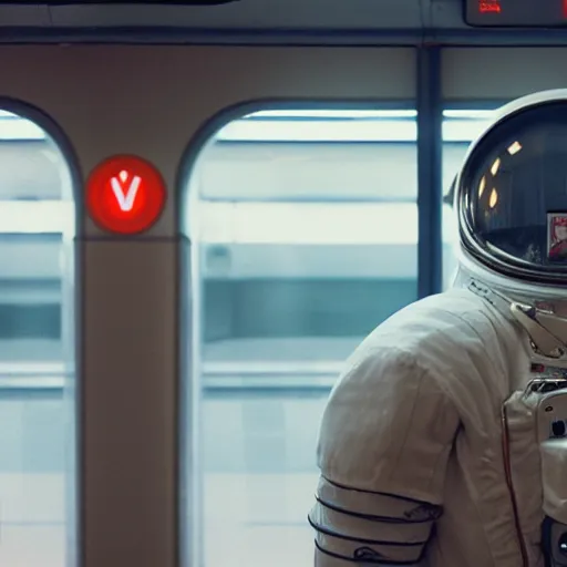 Prompt: a beautiful photo of an astronaut waiting in a subway station, 1970', soft light, morning light, photorealistic, realistic, octane, 8k, cinematic shot